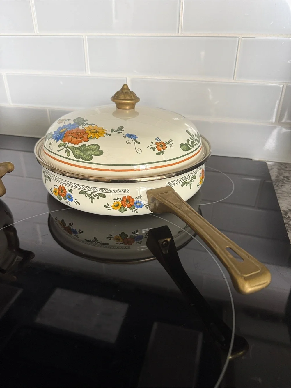 Vintage ASTA Fissler Style Enamelware Cookware Set Floral & Brass 3 Lidded Pots